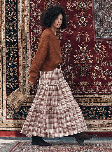 Plaid and mini ruffles tiered maxi skirt