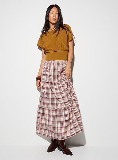 Ic&ocirc;ne Patterned Pink Tiered mini ruffles plaid maxi skirt for women