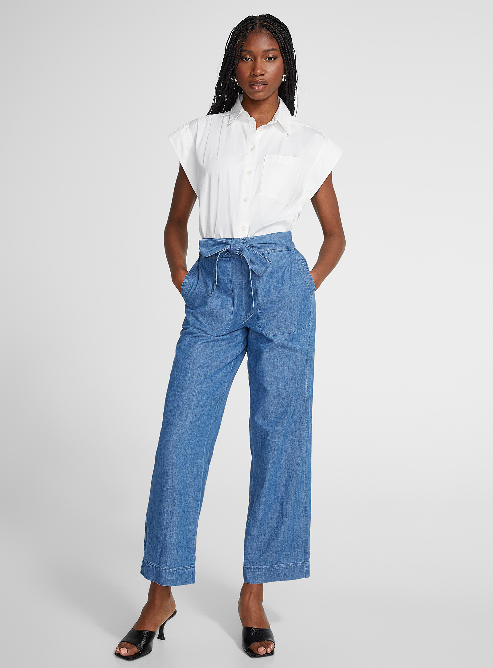 Icone Lightweight Straight-leg Belted Denim Pant In Baby Blue
