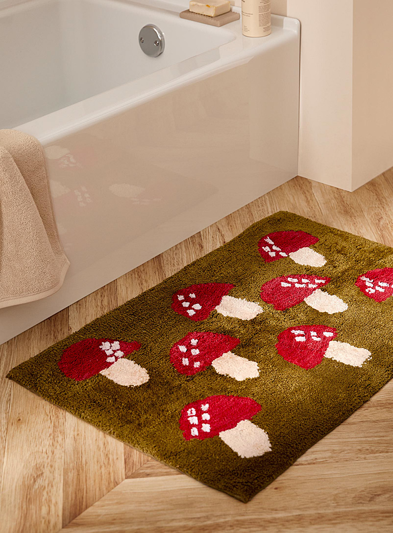 Simons Maison: Le tapis de bain coton recyclé champignons rouges 50 x 80 cm Vert à motifs