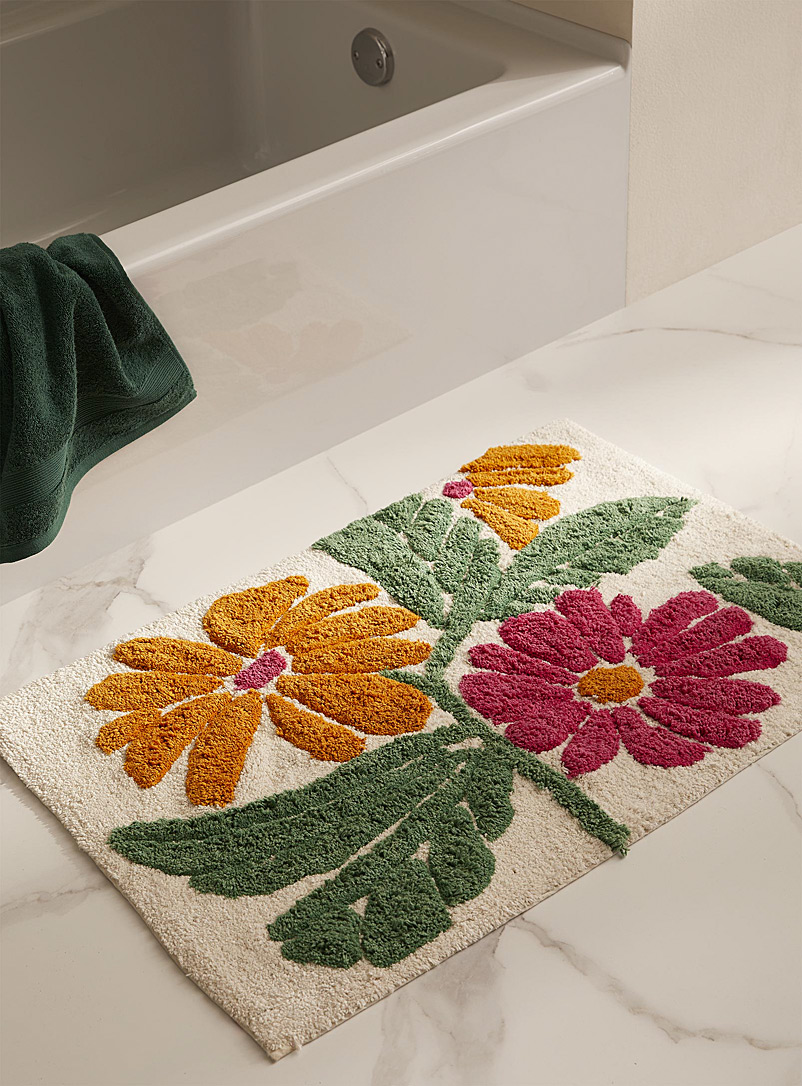 Simons Maison: Le tapis de bain coton recyclé fleurs colorées 50 x 80 cm Blanc à motifs