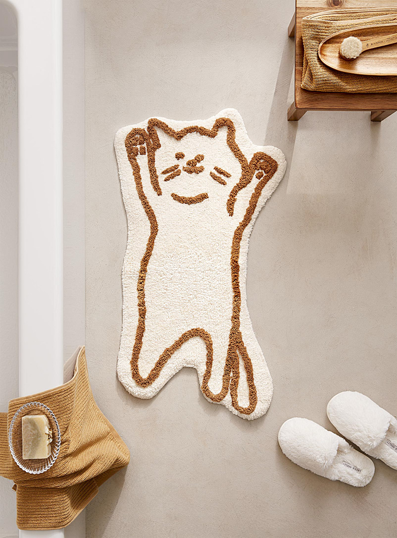Simons Maison: Le tapis de bain coton recyclé chat allongé 44 x 80 cm Écru à motifs