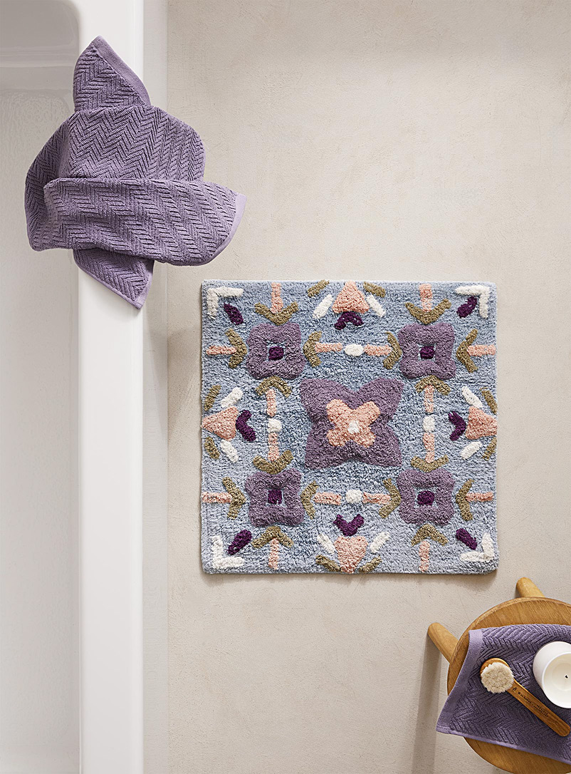 Simons Maison: Le tapis de bain coton recyclé tuile florale 50 x 50 cm Bleu à motifs