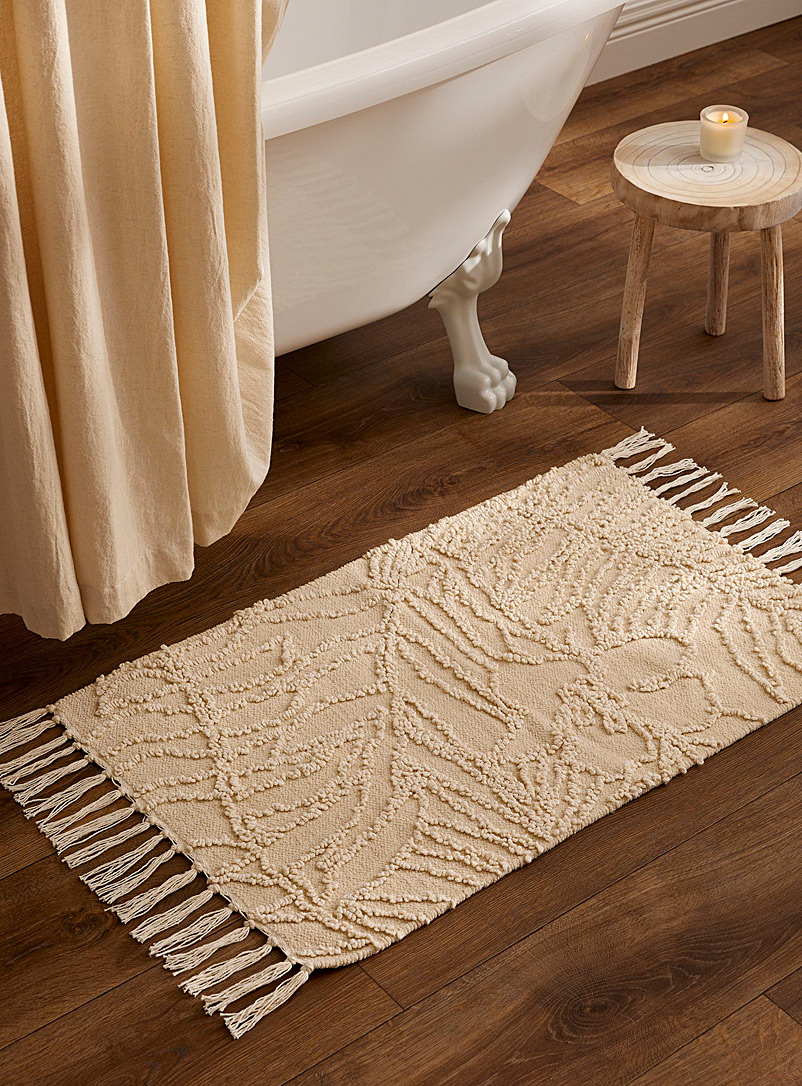 Simons Maison: Le tapis de bain coton recyclé feuilles noeuds relief 50 x 80 cm Blanc