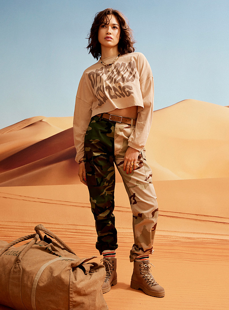 Twik Patterned Green Two-tone camo cargo pant for women