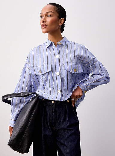 Sess&ugrave;n: La chemise courte ray&eacute;e boutons dor&eacute;s Balanca Bleu moyen - Ardoise pour femme