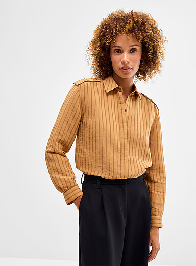 Sessun Camel Ginnima buttoned shoulders striped shirt for women