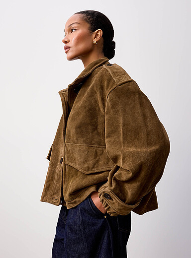 Sess&ugrave;n: Le manteau su&egrave;de col montant Aland Kaki - Sauge - Olive pour femme