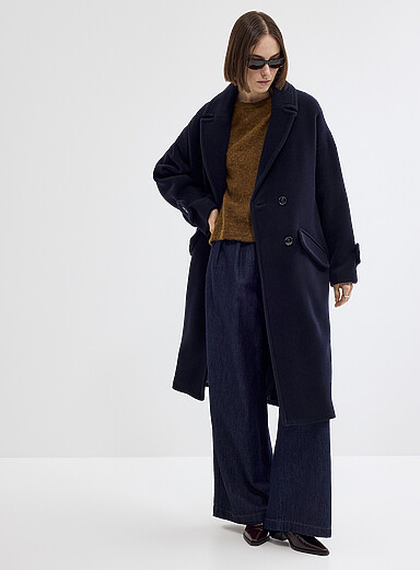 Sess&ugrave;n: Le long paletot ample laine feutr&eacute;e Mia Bleu marine - Bleu nuit pour femme