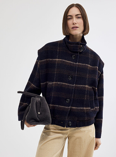 Sess&ugrave;n Patterned Blue Paolino cropped plaid felted wool coat for women