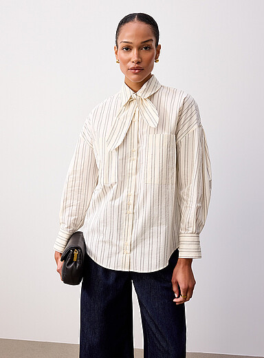 Sess&ugrave;n White Cecily loose striped scarf-neck shirt for women