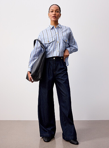 Sess&ugrave;n: Le jean boutons dor&eacute;s Dievo <b>Coupe : jambe large, taille haute</b> Bleu marine - Bleu nuit pour femme