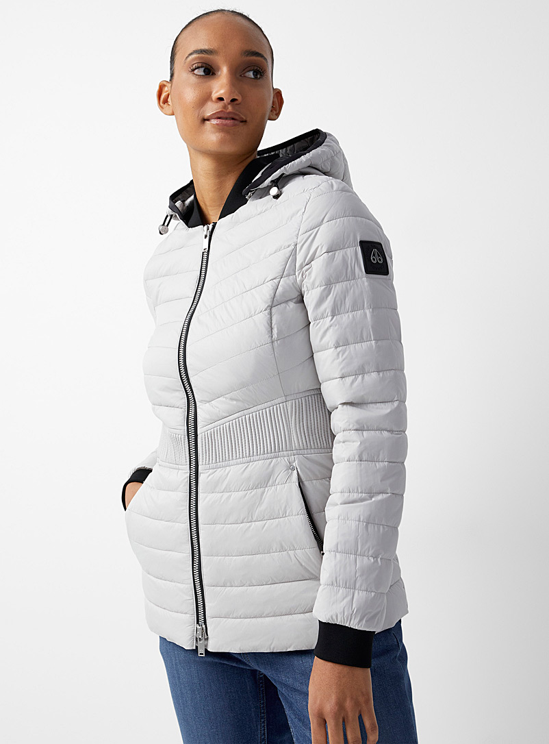 Moose Knuckles Grey Vanilla Sky cinched puffer jacket for women