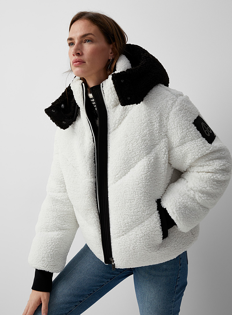 Moose Knuckles Patterned Ecru Elmont sherpa fleece puffer jacket for women