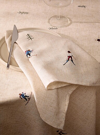 Alpine ski touch of linen embroidered napkin