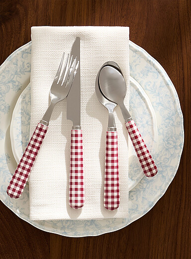 Burgundy Gingham check utensils Set of 16