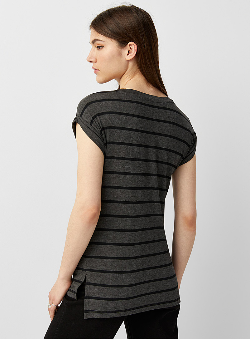 Twik Patterned Ecru Rolled sleeve striped tee for women