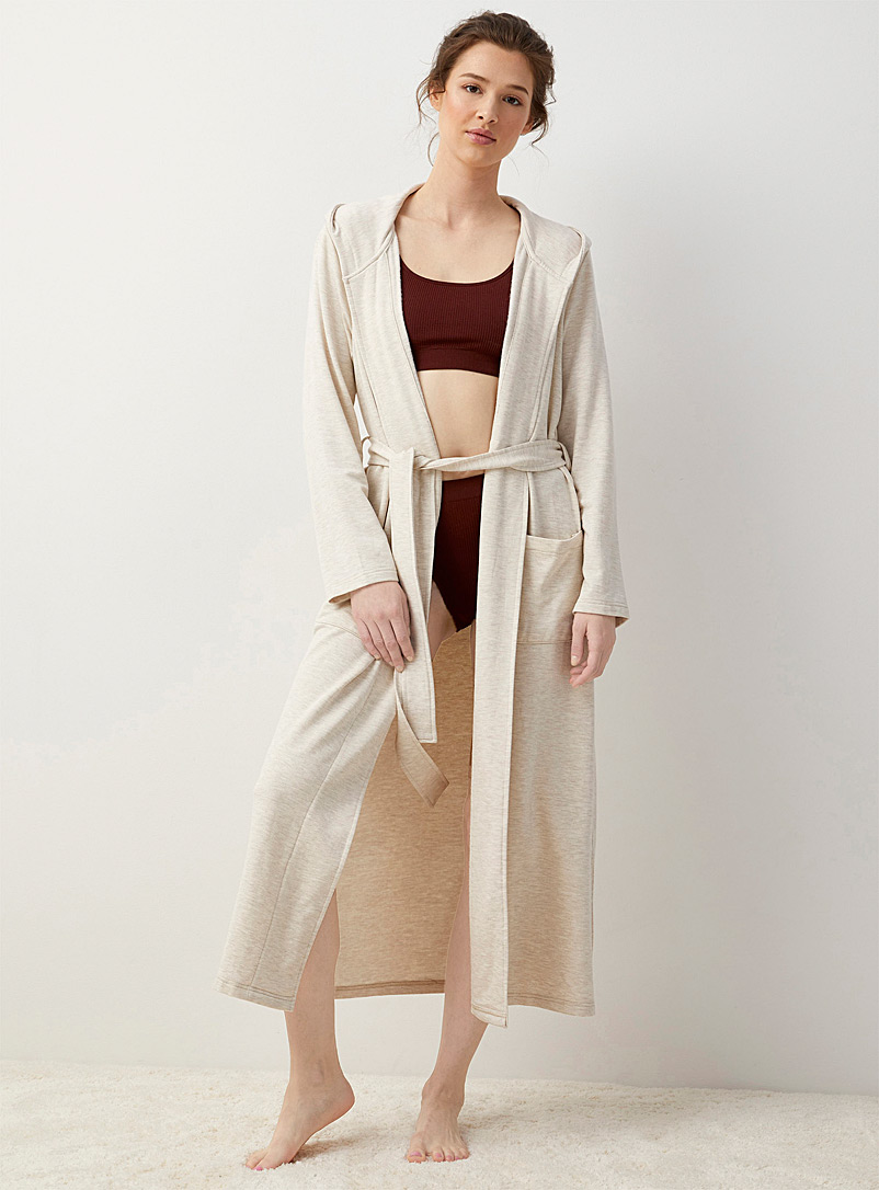 Miiyu Cream Beige Long hooded modal robe for women
