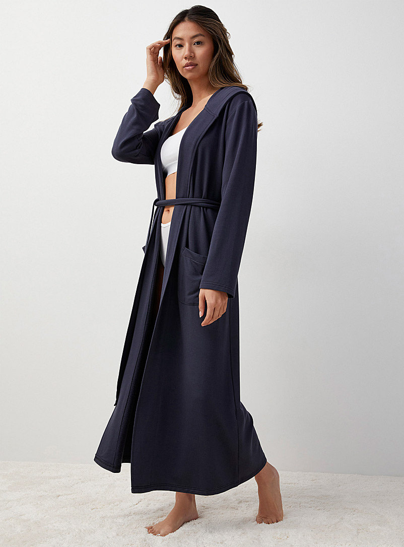 Miiyu Marine Blue Long hooded modal robe for women