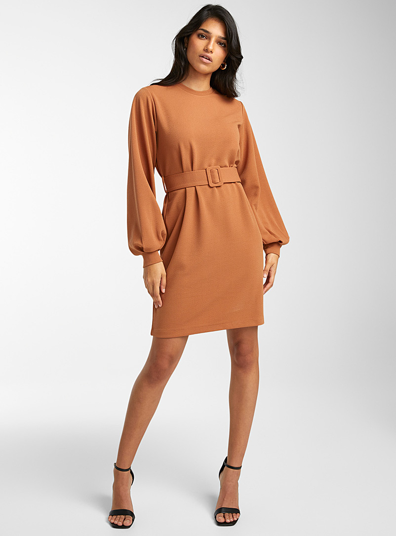 Icône Brown Puff-sleeve belted dress for women