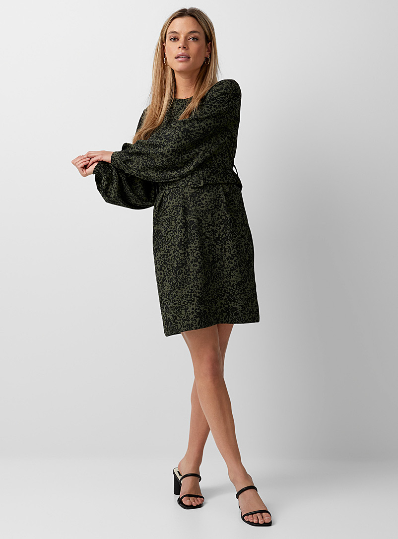 Icône Patterned Green Puff-sleeve belted dress for women