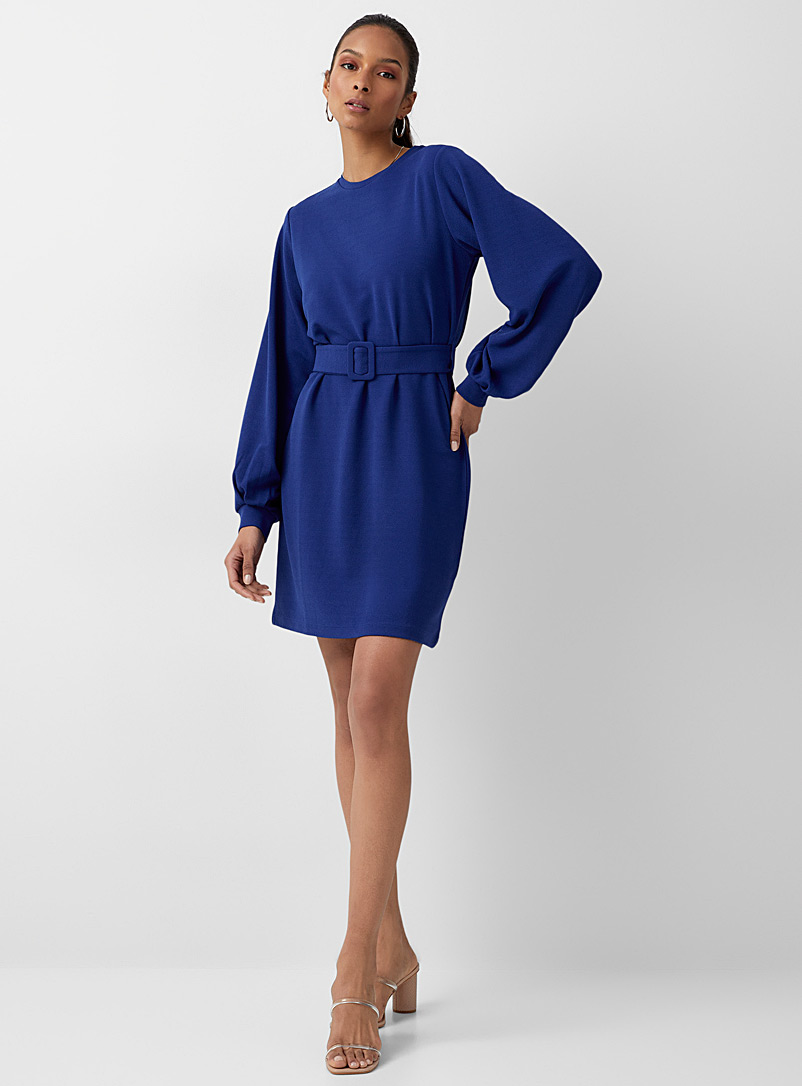 Icône Blue Puff-sleeve belted dress for women