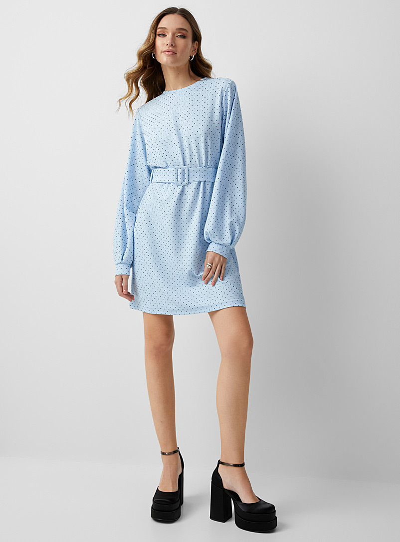 Icône Patterned Blue Puff-sleeve belted dress for women