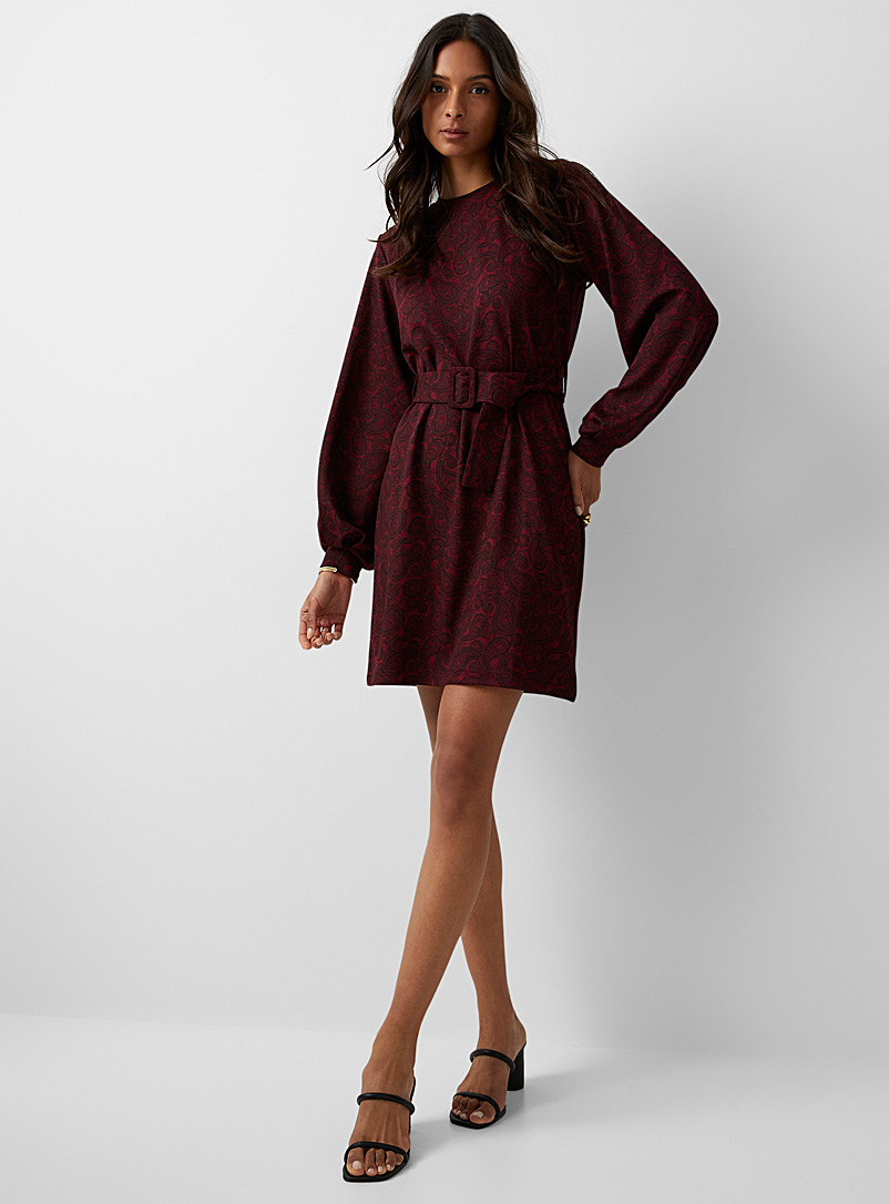 Icône Patterned Red Puff-sleeve belted dress for women