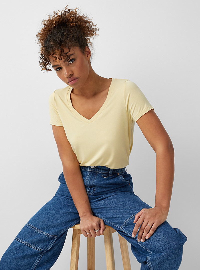 Twik Light Yellow Boxy V-neck T-shirt for women