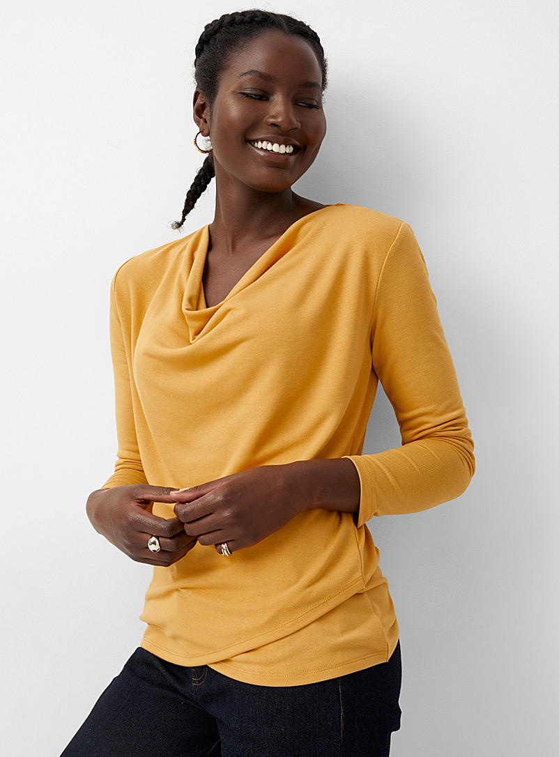 Contemporaine Golden Yellow Crossover draped-neck tee for women