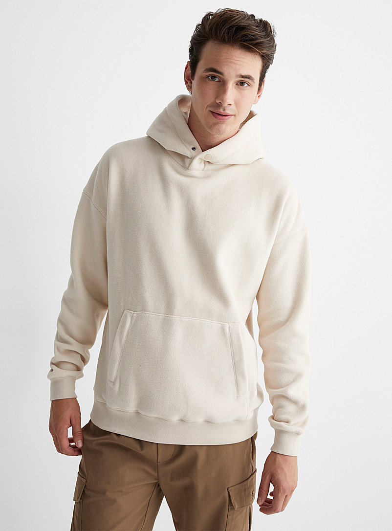 Le 31 Cream Beige Polar fleece snap hoodie for men