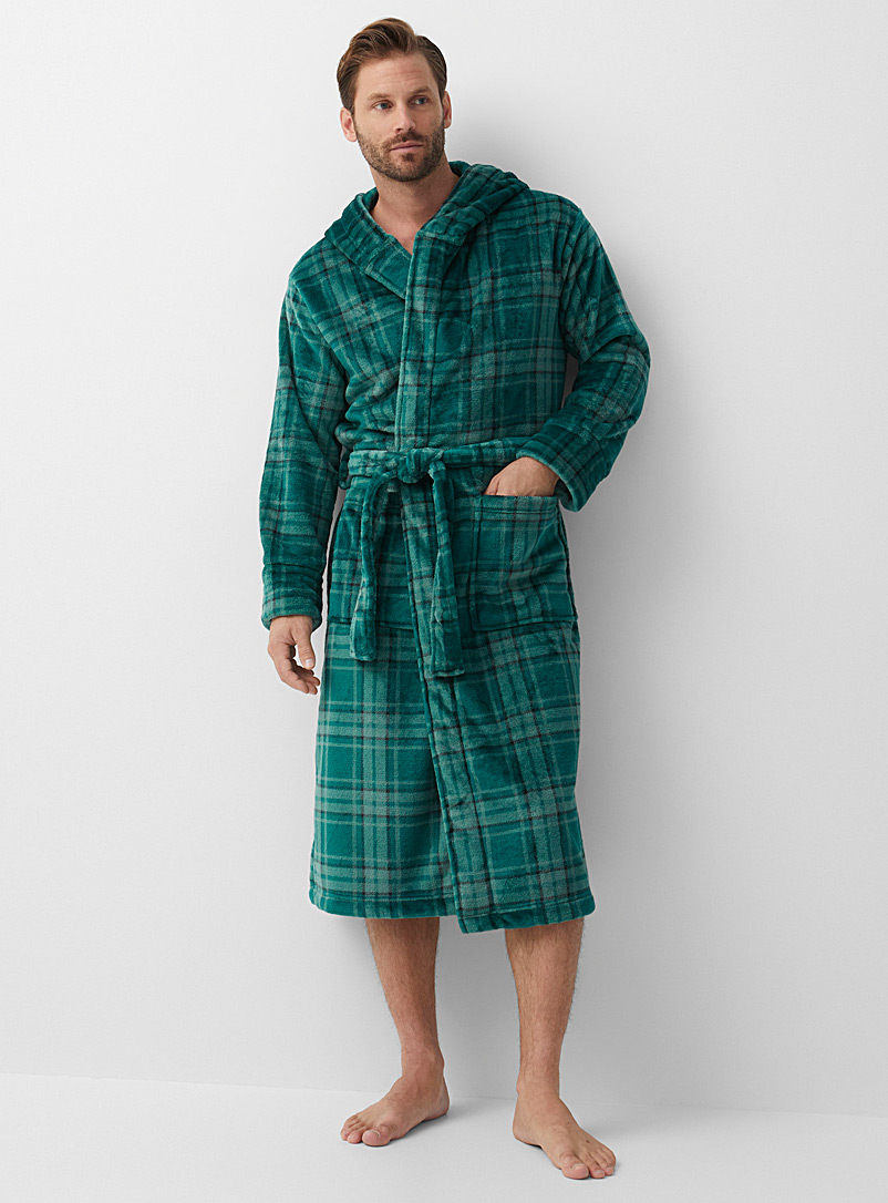 Le 31 Patterned Green Checkered polar fleece hooded robe for men