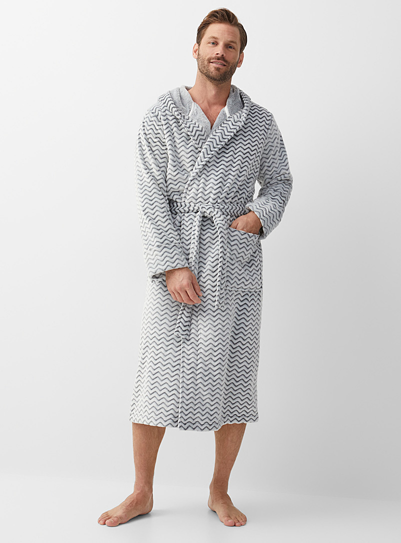 Le 31 White Hooded zigzag fleece robe for men