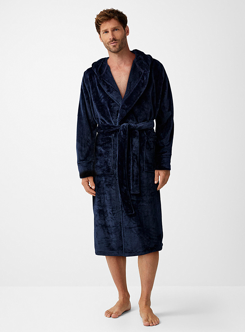 Le 31 Marine Blue Solid hooded fleece robe for men