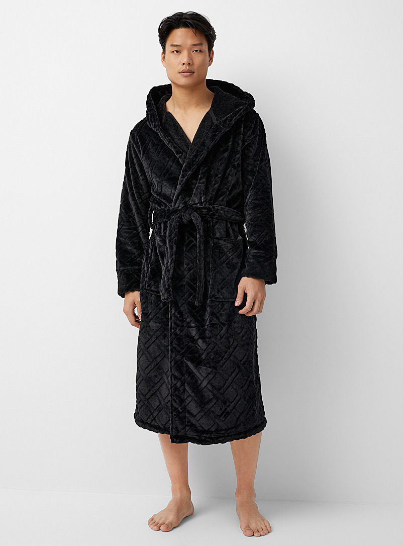 Le 31 Black Diamond-pattern hooded polar fleece robe for men