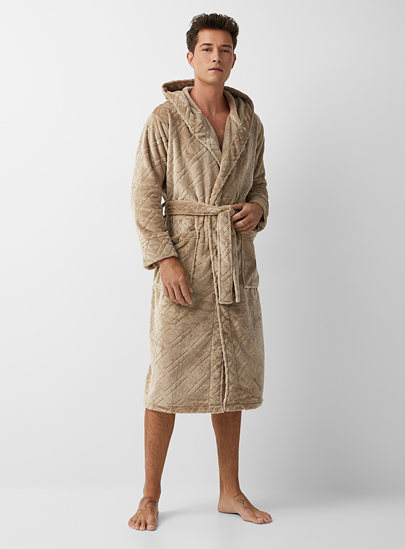 Le 31 Honey Diamond-pattern hooded polar fleece robe for men