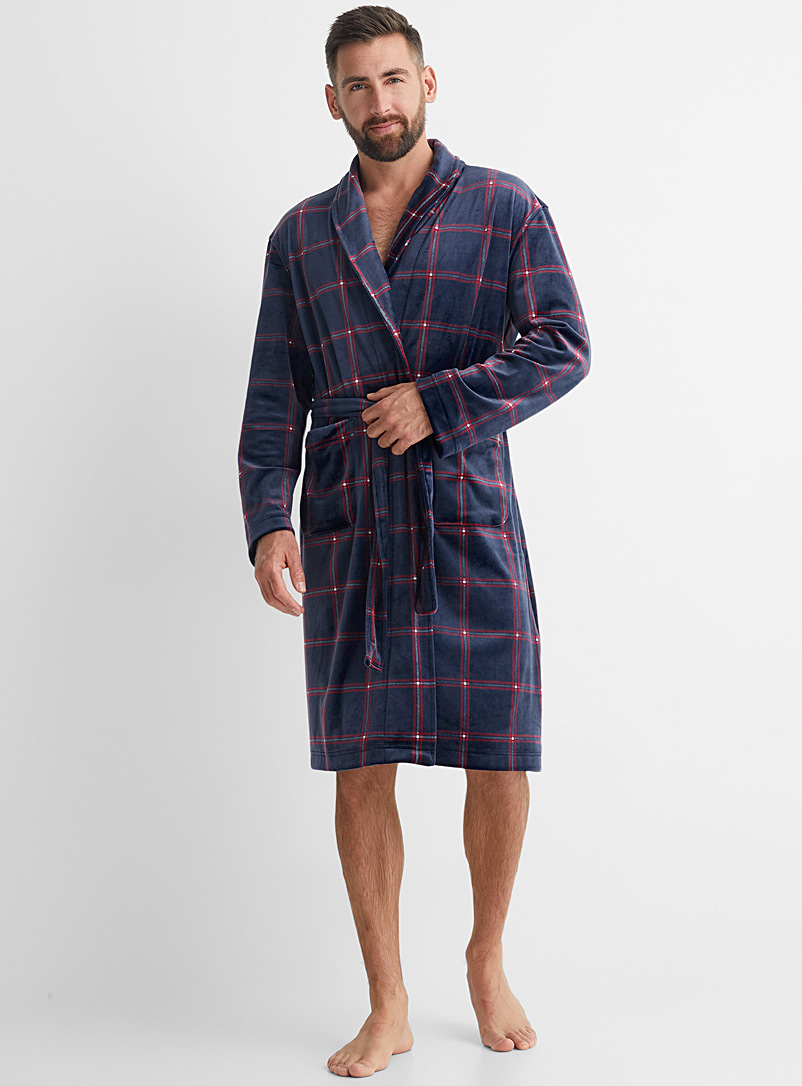 Le 31 Patterned Blue Checkered fleece robe for men