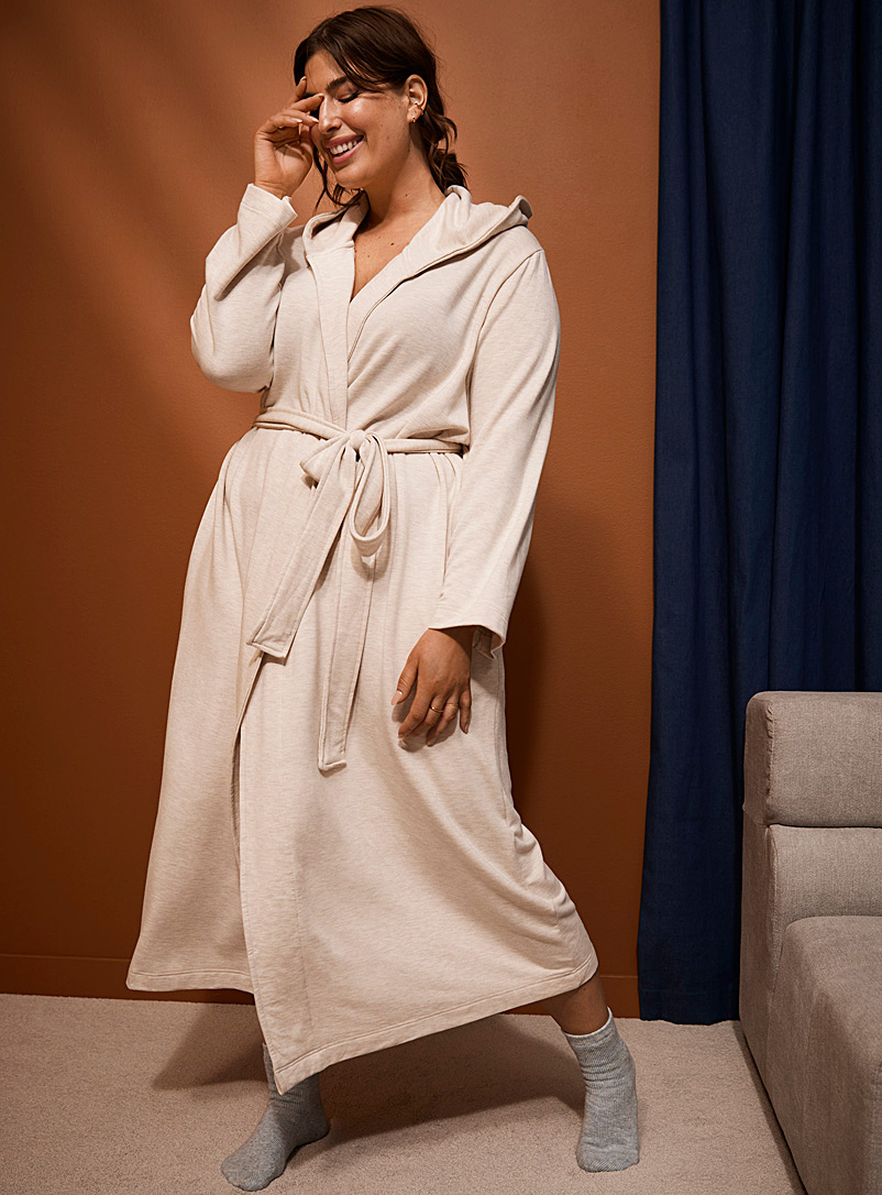 Miiyu Cream Beige Long hooded modal robe Plus size for women