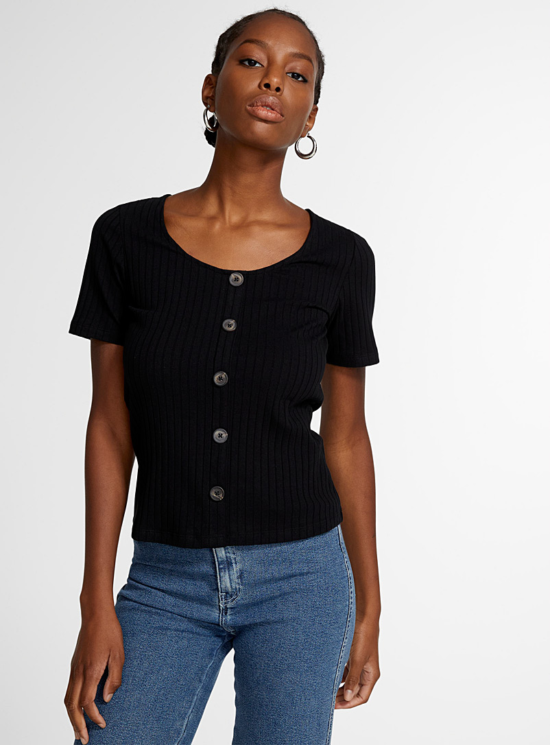 Icône Black Tortoiseshell button ribbed T-shirt for women