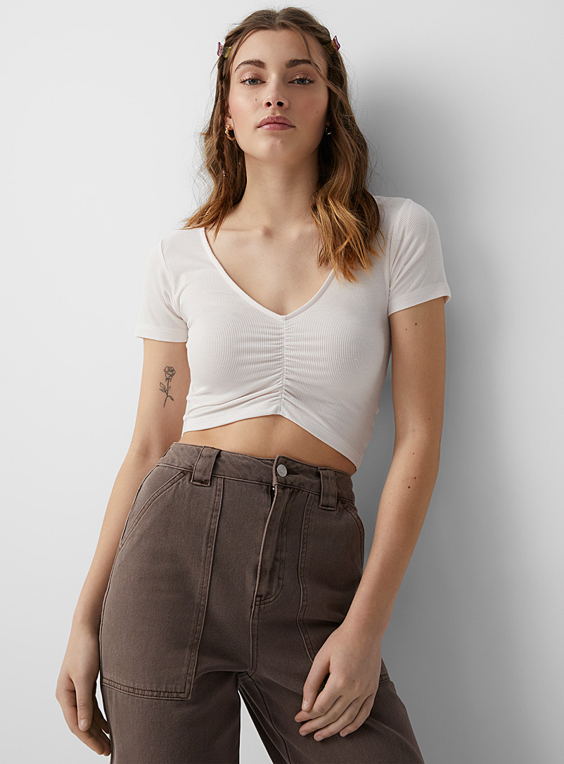 Twik Cream Beige Central ruches cropped tee for women