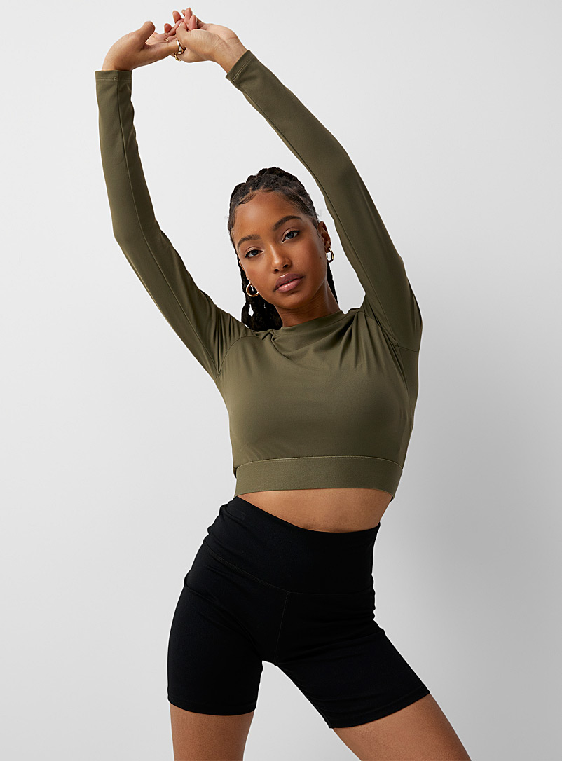 Twik: Le t-shirt court nylon taille élastique Kaki chartreuse pour femme