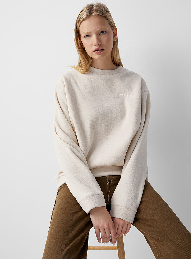 Twik Patterned White Recycled polar fleece loose sweatshirt for women