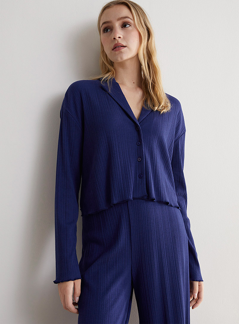 Miiyu x Twik Dark Blue Open-collar ribbed lounge shirt for women