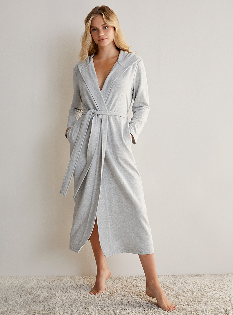 Miiyu Light Grey Fleece-reverse modal robe for women