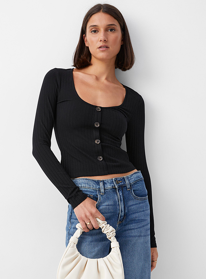 Icône Black Wide-rib buttoned T-shirt for women