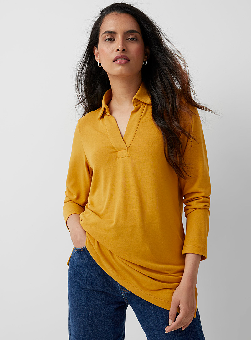Contemporaine Golden Yellow Johnny-collar jersey tunic for women
