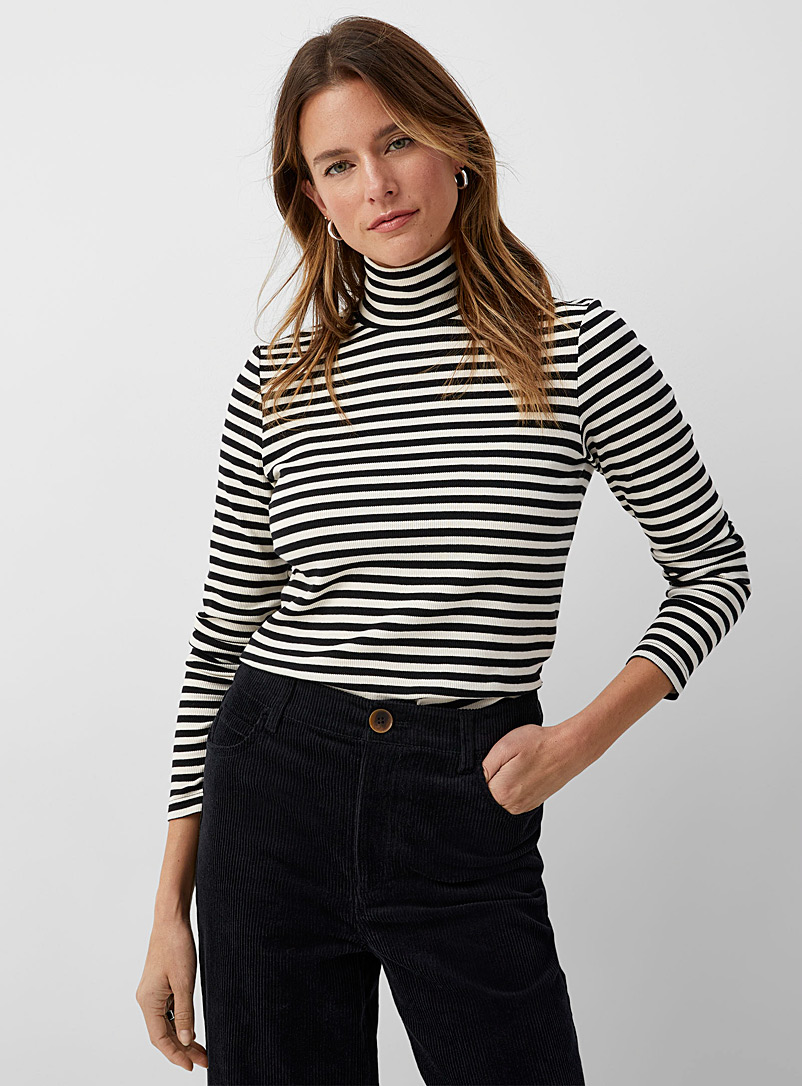 Contemporaine Black and White Horizontal stripes ribbed mock neck for women