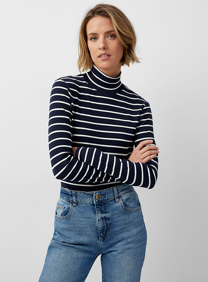 Contemporaine Patterned Blue Horizontal stripes ribbed mock neck for women