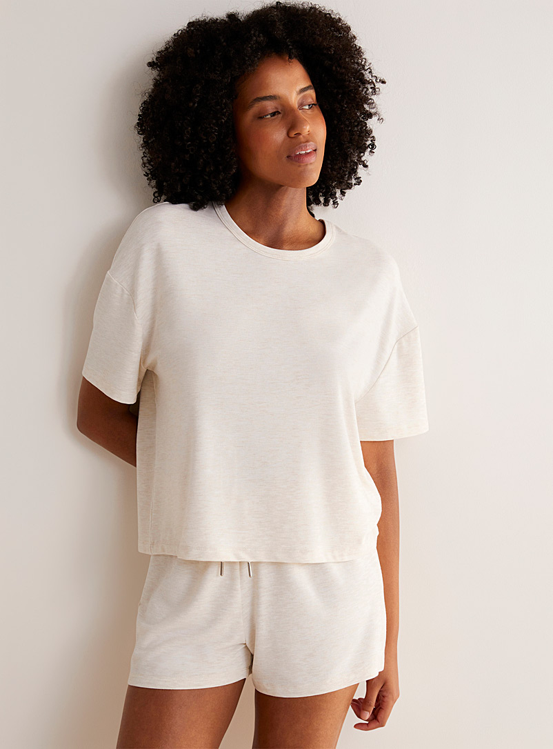 Miiyu: Le t-shirt détente col rond fin tricot Beige crème pour femme