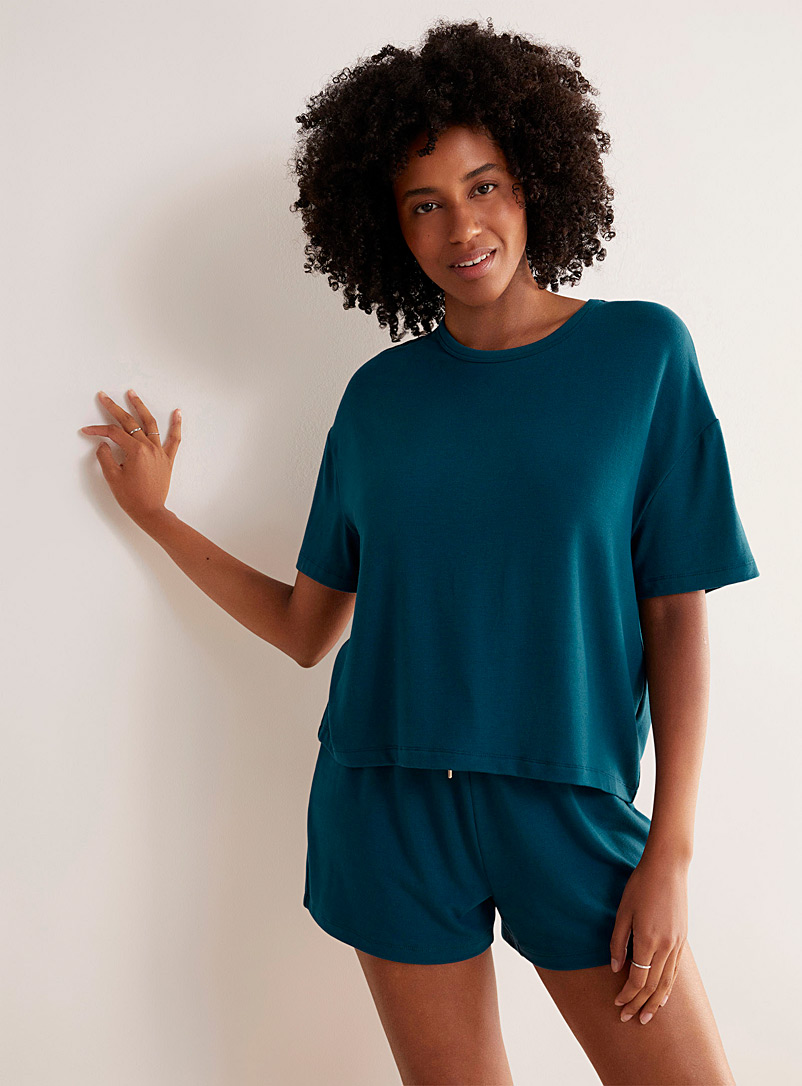 Miiyu: Le t-shirt détente col rond fin tricot Bleu foncé pour femme